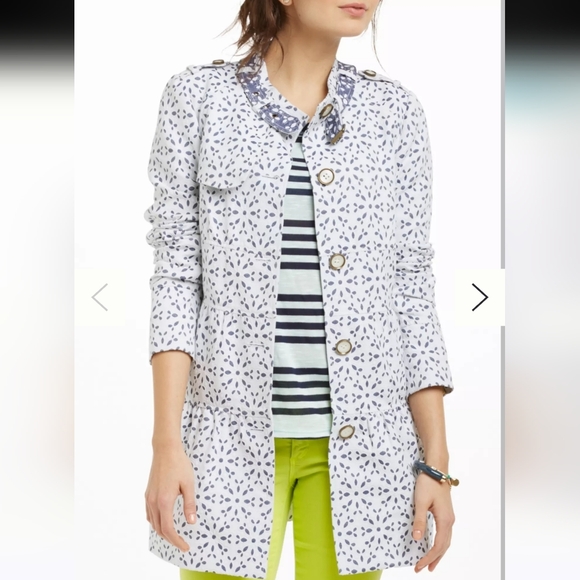 Anthropologie Elevenses White and Blue Patterned Trench Coat Size 0 - Picture 6 of 7